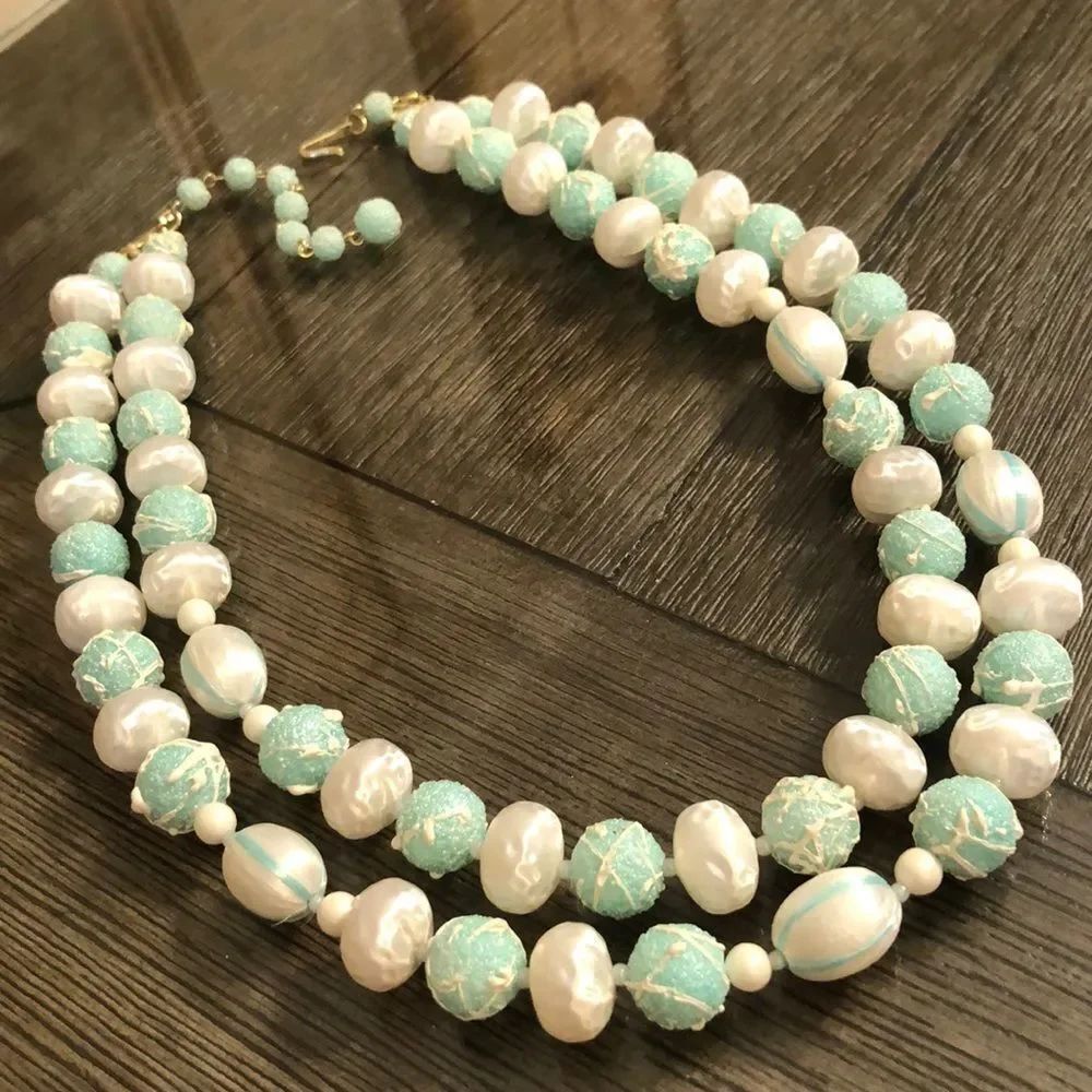 Vintage 1950’s Two Strand Splatter & Striped Satin Bead Necklace